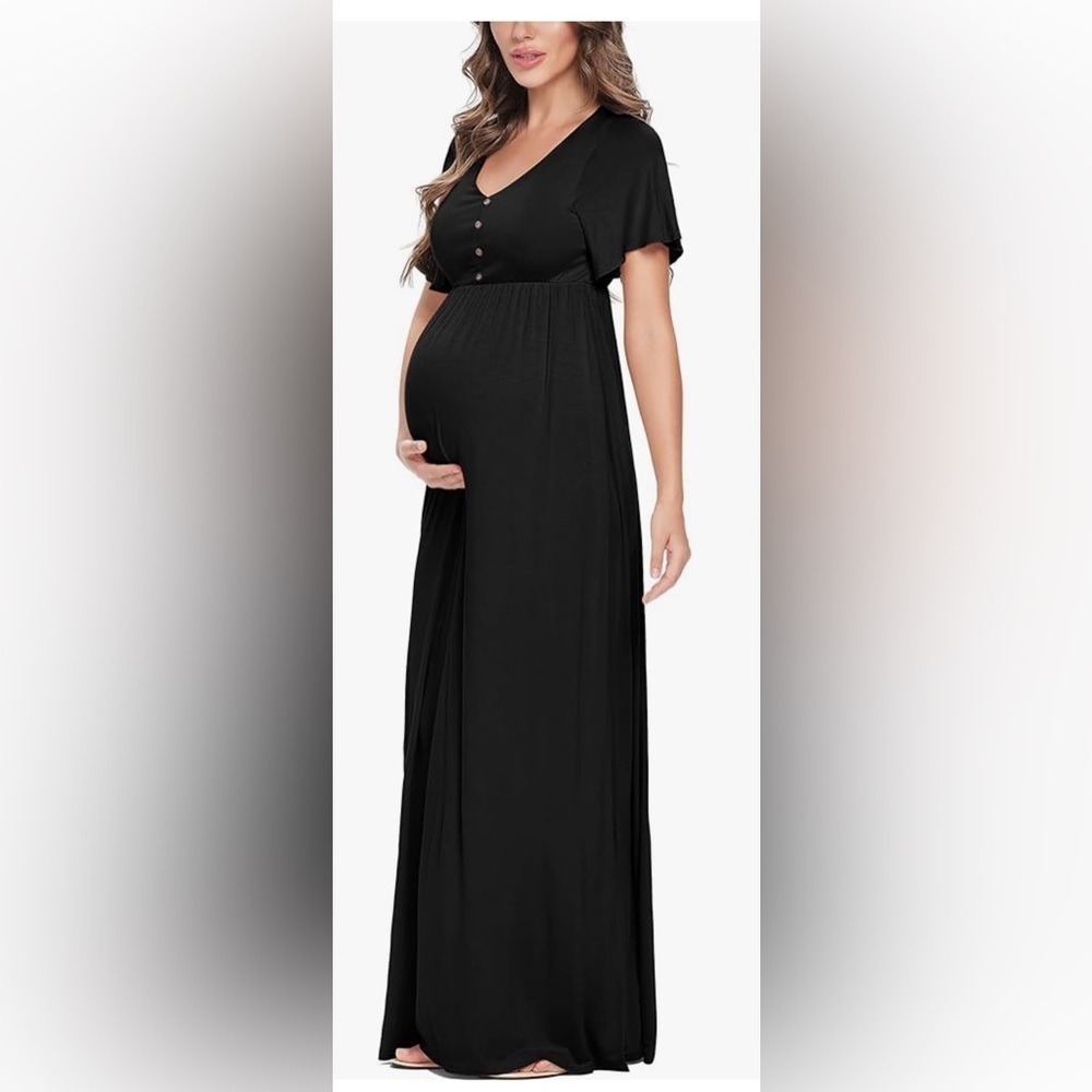 NWT Maternity Maxi Black Decorative Button Flutter Sleeve Dress
